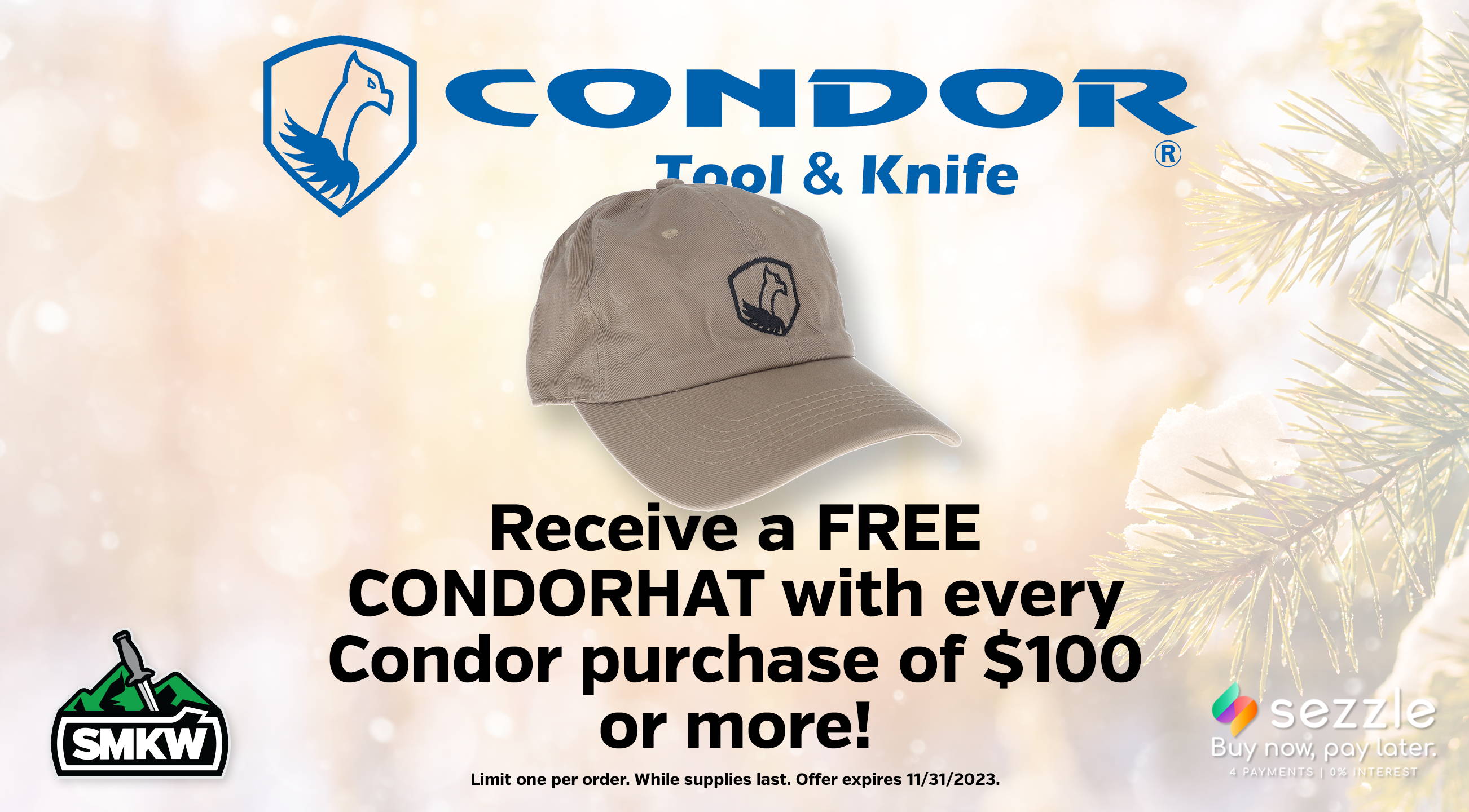 Free Tan Condor Tool & Knife Logo Hat with $100 Condor purchase.