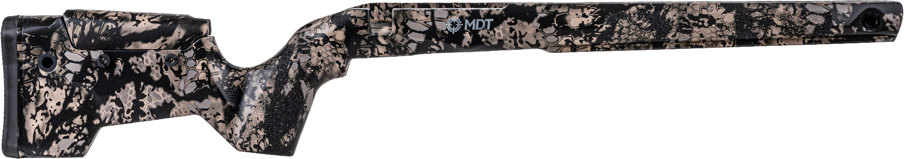 Camo-patterned rifle stock with a textured surface.