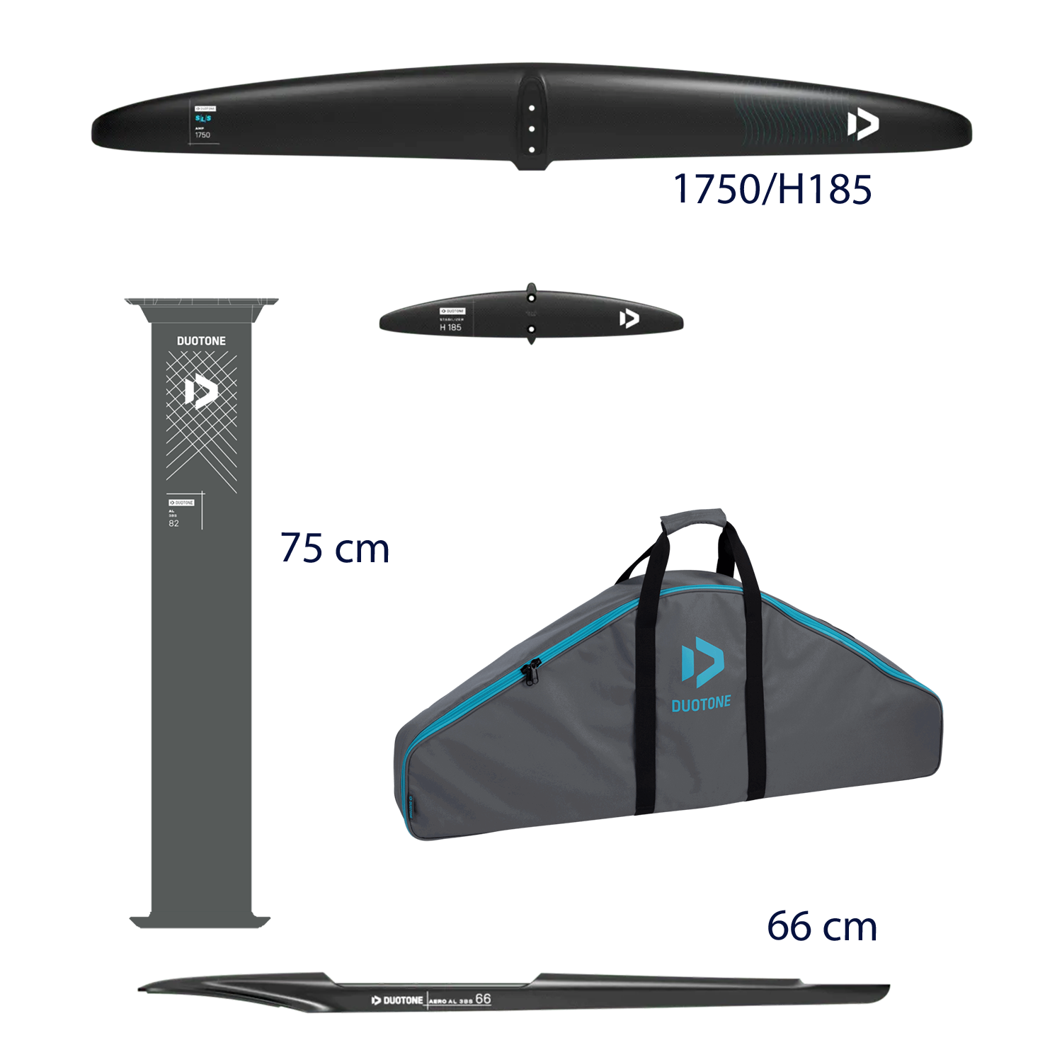 Foil kit components including wings, mast, and carrying bag.