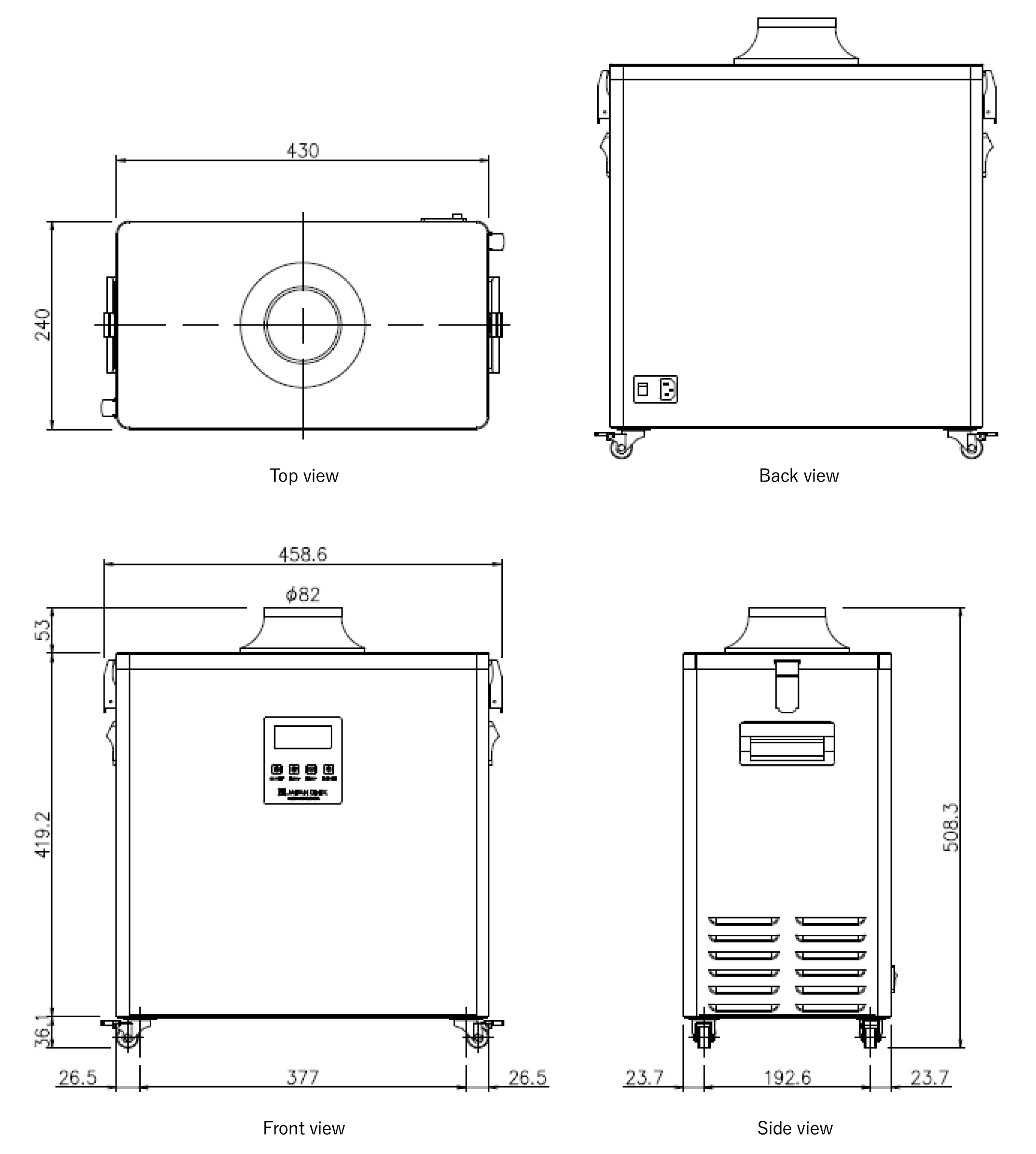 External Dimensions diagram for the main body - UAC-3000 fume extractor for automated soldering and electronics manufacturing air purification