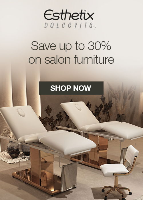 Salon furniture promotion with discount offer and call to action.