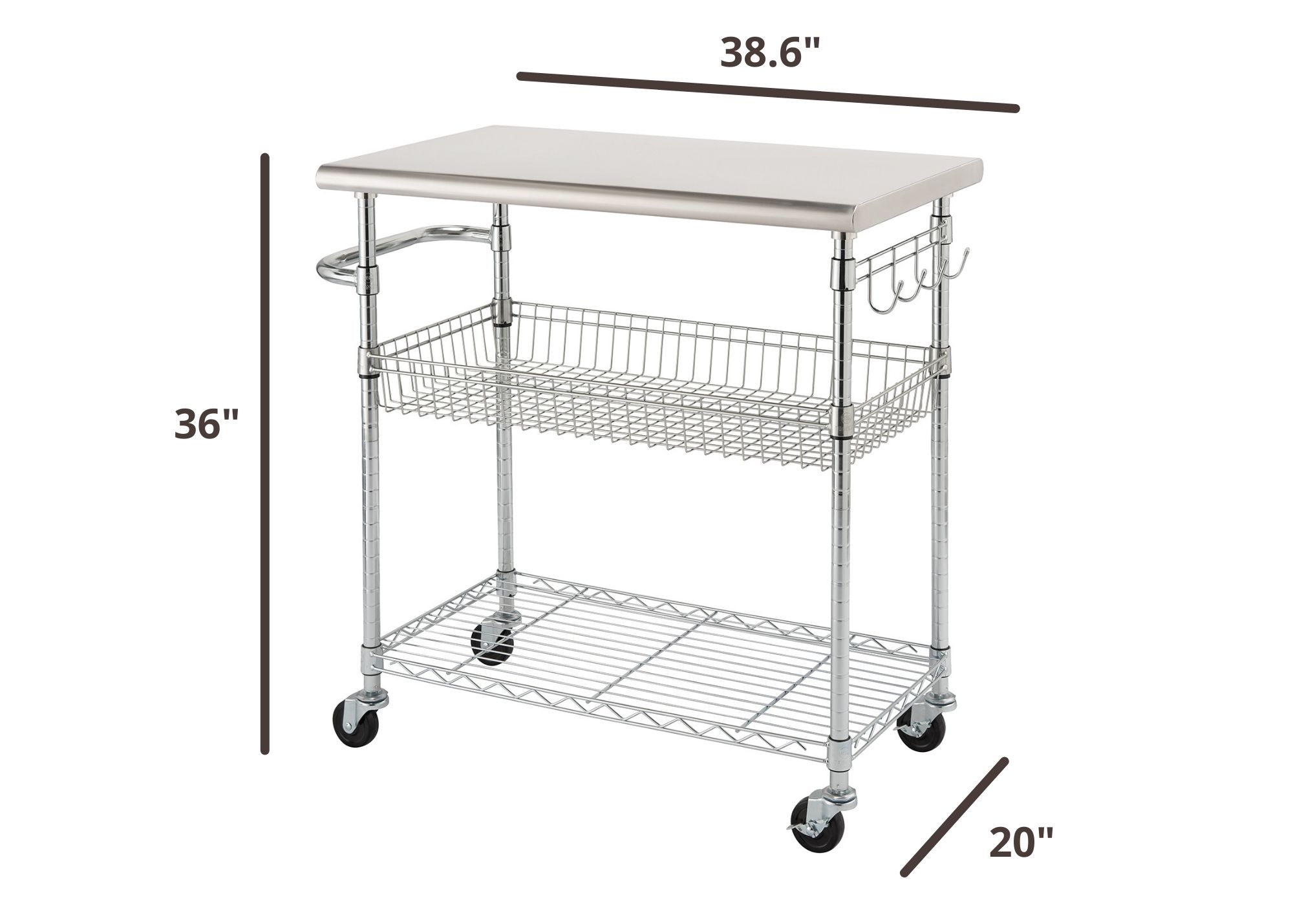 36 inches tall by 38.6 inches wide by 20 inches deep kitchen cart