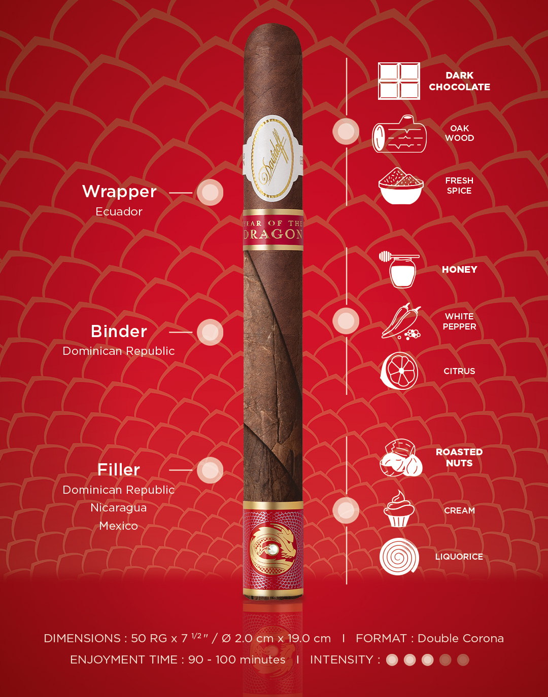 Blend breakdown taste banner of the Davidoff Year of the Dragon double corona cigar including aromas, enjoyment time, dimensions and intensity.