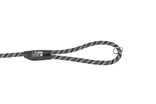 A black and gray twisted rope with a looped end.