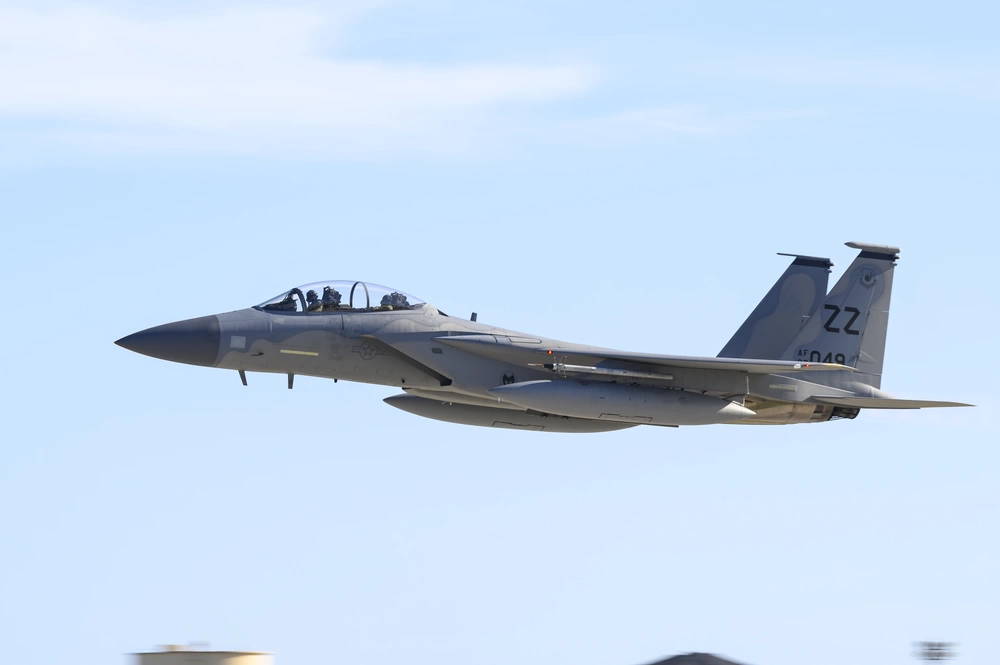 A McDonnell Douglas F-15 Eagle takes off as part of an exercise during Cope North 21, Feb. 10, 2021, at Andersen Air Force Base, Guam. Participants will also be exercising their agile combat employment concepts during exercise Cope North. This allows for more flexibility by operating more freely with U.S. allies and partners throughout the Indo-Pacific, whether that be in a contested environment or in a location without established infrastructure, such as during times of crisis or disaster response. (U.S. Air Force photo by Senior Airman Jacob M. Thompson)