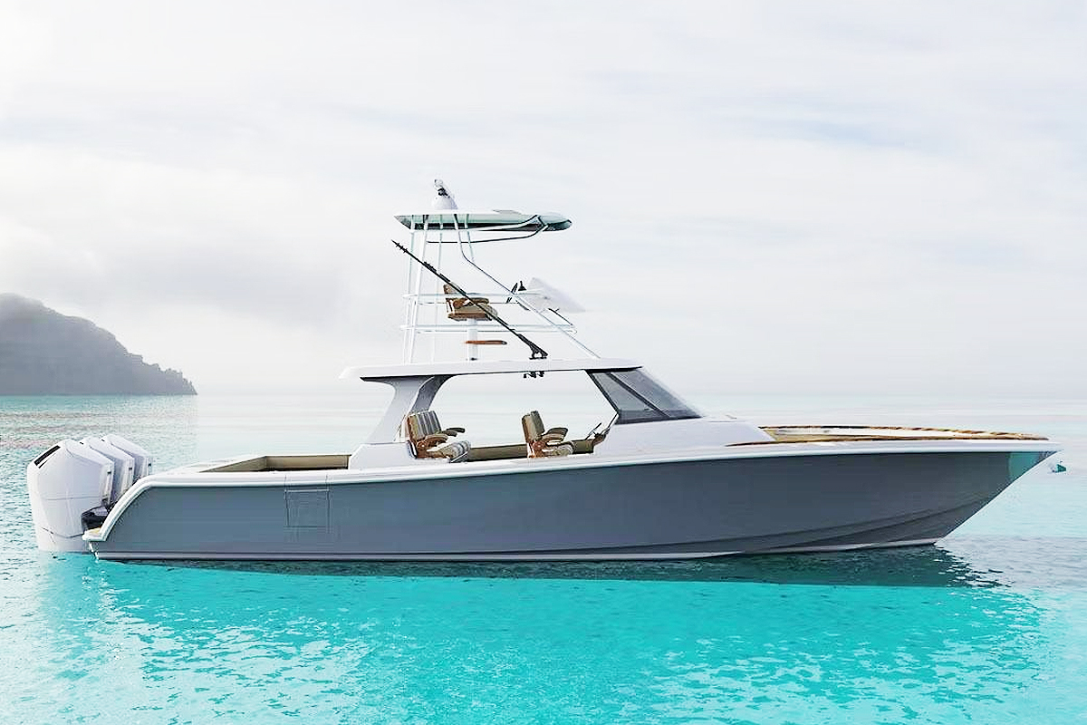 Luxury center console boat floating in crystal clear turquoise ocean water under a bright coastal sky, showcasing the offshore boating and sportfishing lifestyle.