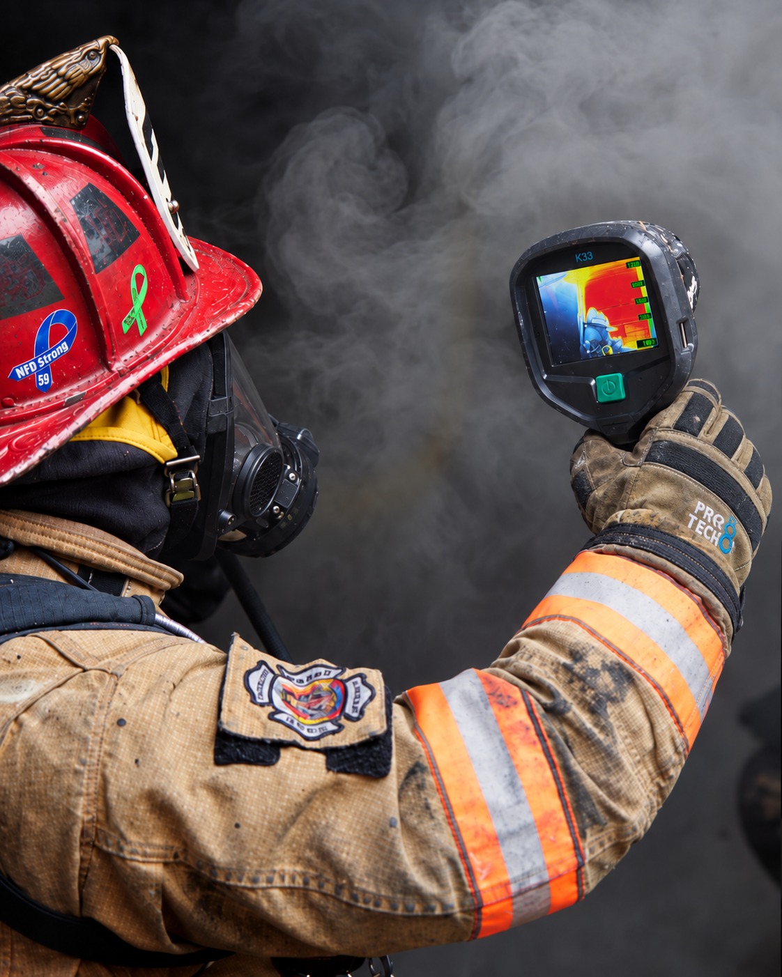Firefighter using a thermal imaging camera in a smoky environment.