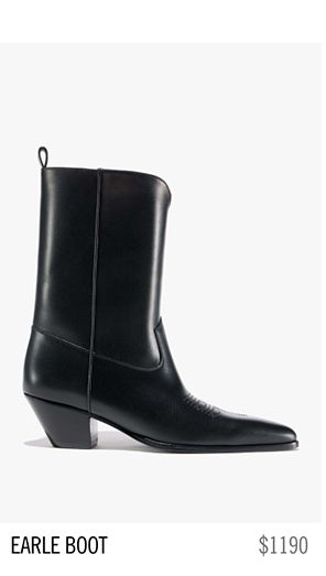Black leather western-style boot with a pointed toe and a low heel.