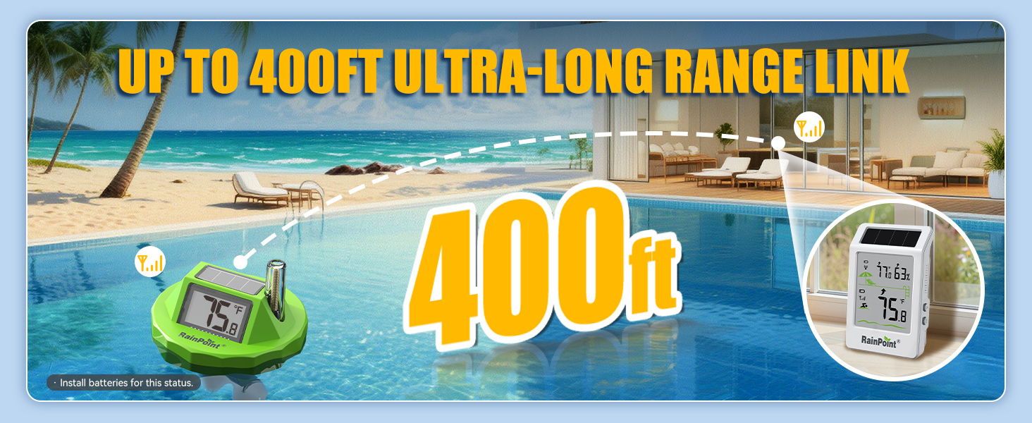 Banner promoting 400ft ultra-long range link with beach background.