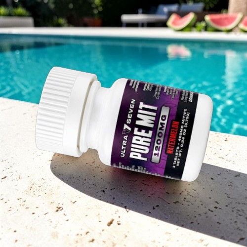 Container of Pure Mit supplement by a swimming pool.