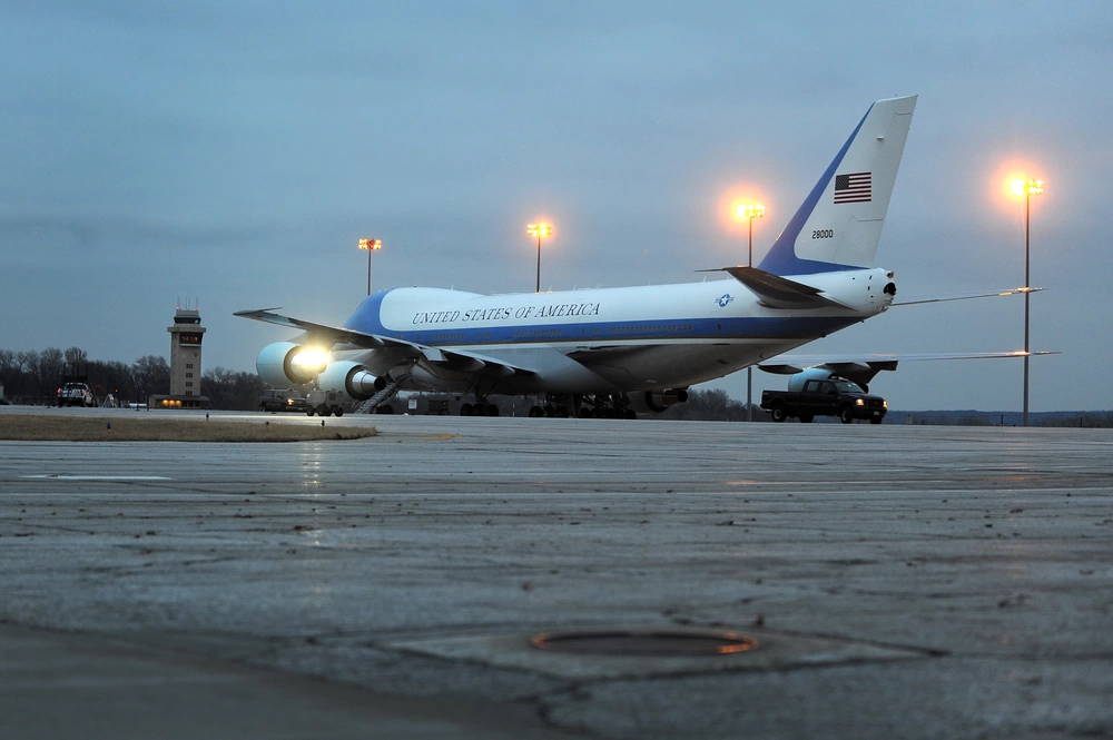 A VC-25A Air Force One aircraft sits on a ramp at Offutt Air Force Base, Nebraska during a brief stop Jan. 22. The aircraft is one of two modified Boeing 747 Airliners that serve as a transport aircraft for the President of the United States. (U.S. Air Force Photo by Josh Plueger/Released)