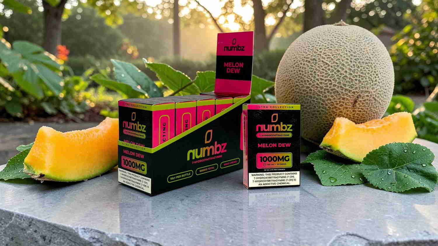 Boxes of products near fruits on a stone surface in natural light.