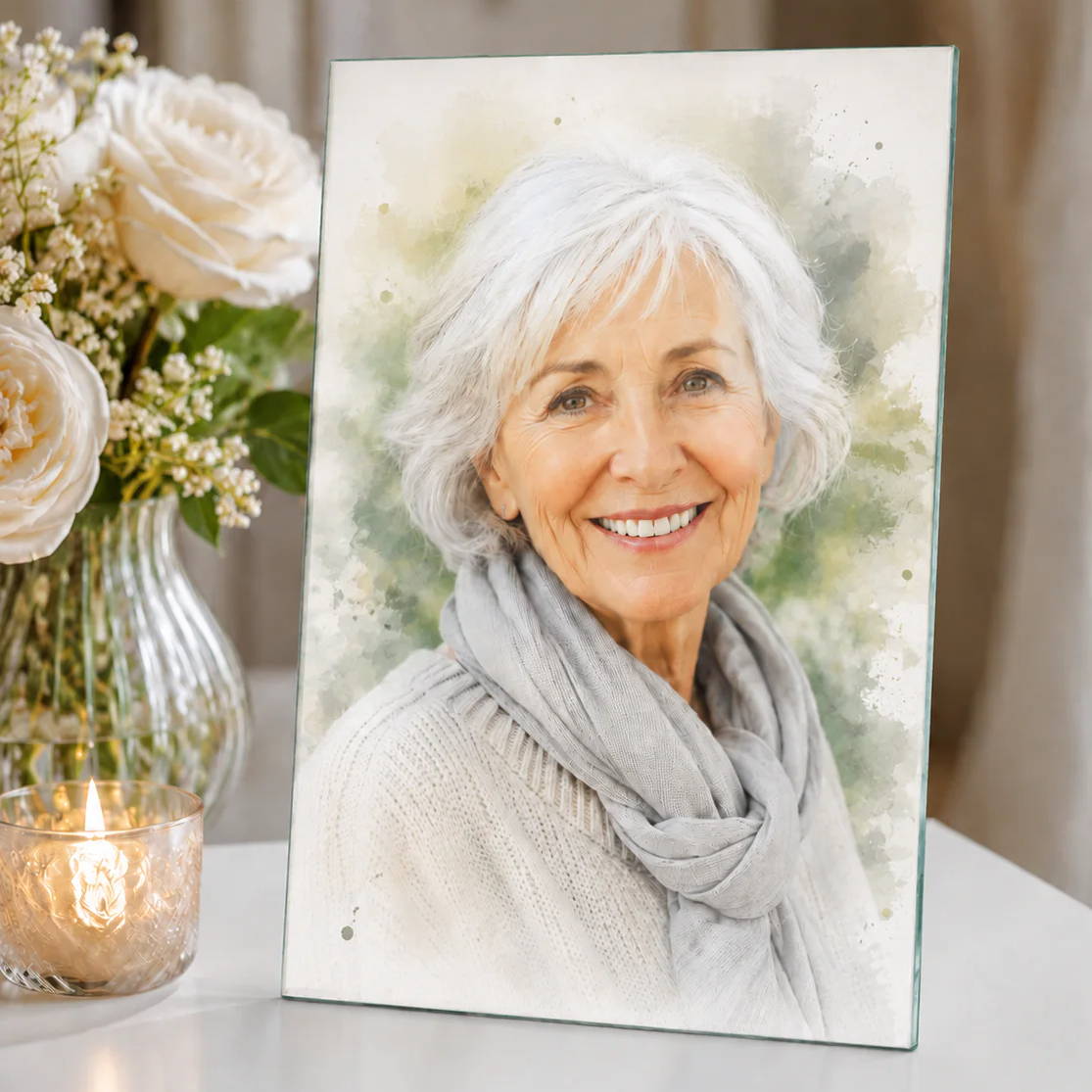 A portrait of a smiling older woman with gray hair and a scarf.