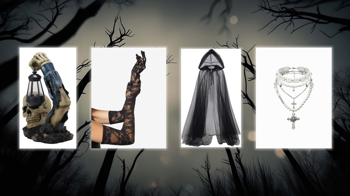 Skeleton cosplay props and accessories including scythe, lantern, chains, and gothic details for an extra spooky look