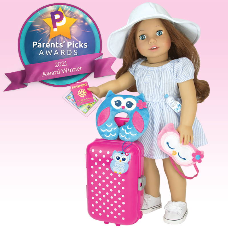 A Parent's Picks Award is shown next to a doll traveling in style with a rolling suitcase and travel accessories.