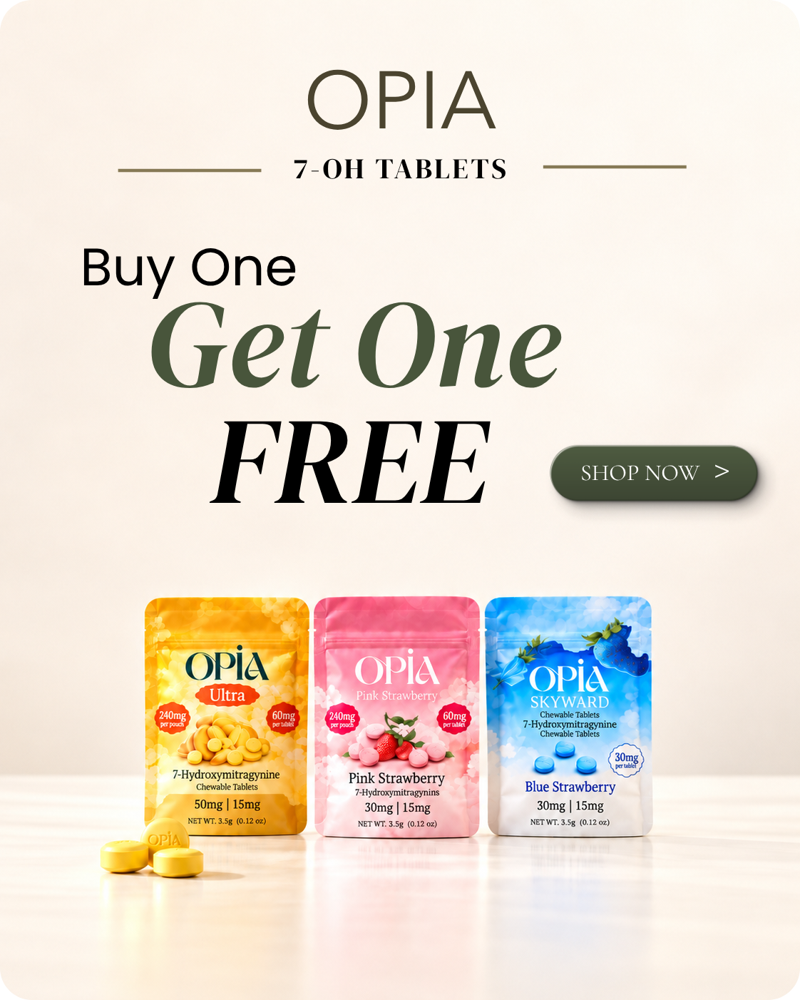 Promotional image for OPiA 7-OH tablets, featuring Buy One Get One Free offer.