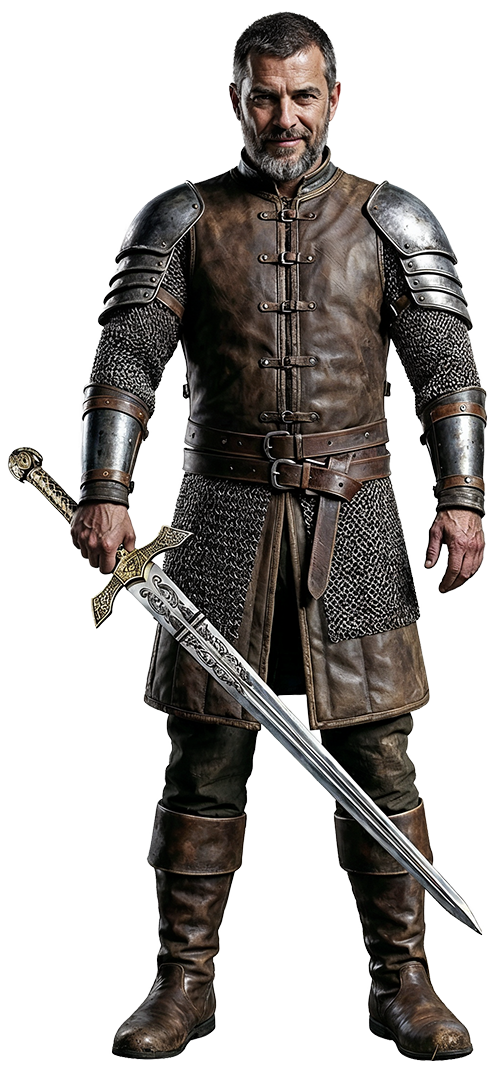 A man in armor holding a sword, standing confidently.