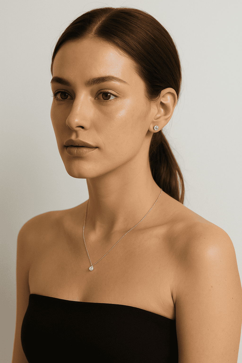 Model wearing diamond stud earrings and solitaire diamond pendant necklace in elegant black strapless top portrait
