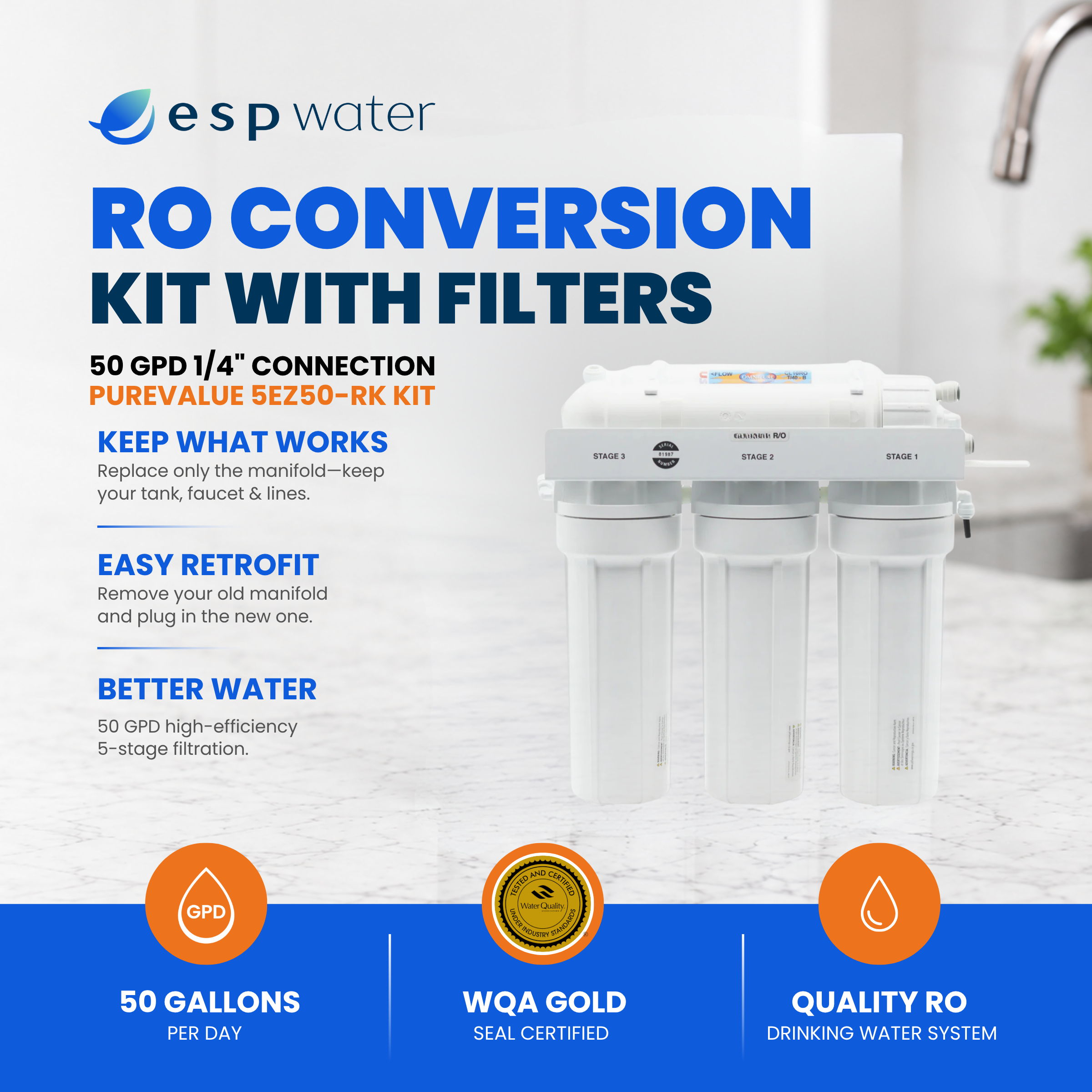 RO conversion kit with filters, featuring easy retrofit and better water quality.