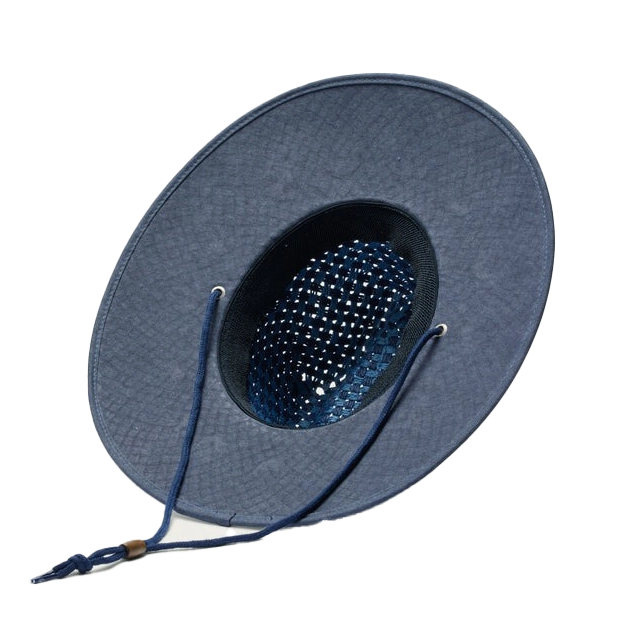 A blue wide-brimmed hat with a mesh interior and chin strap.