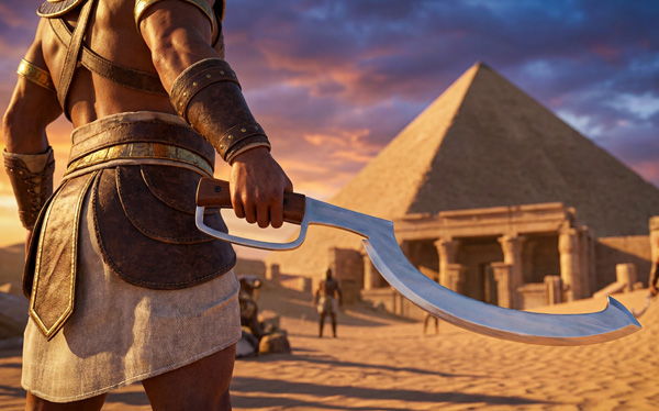 Person holding a curved sword in front of a pyramid at sunset.