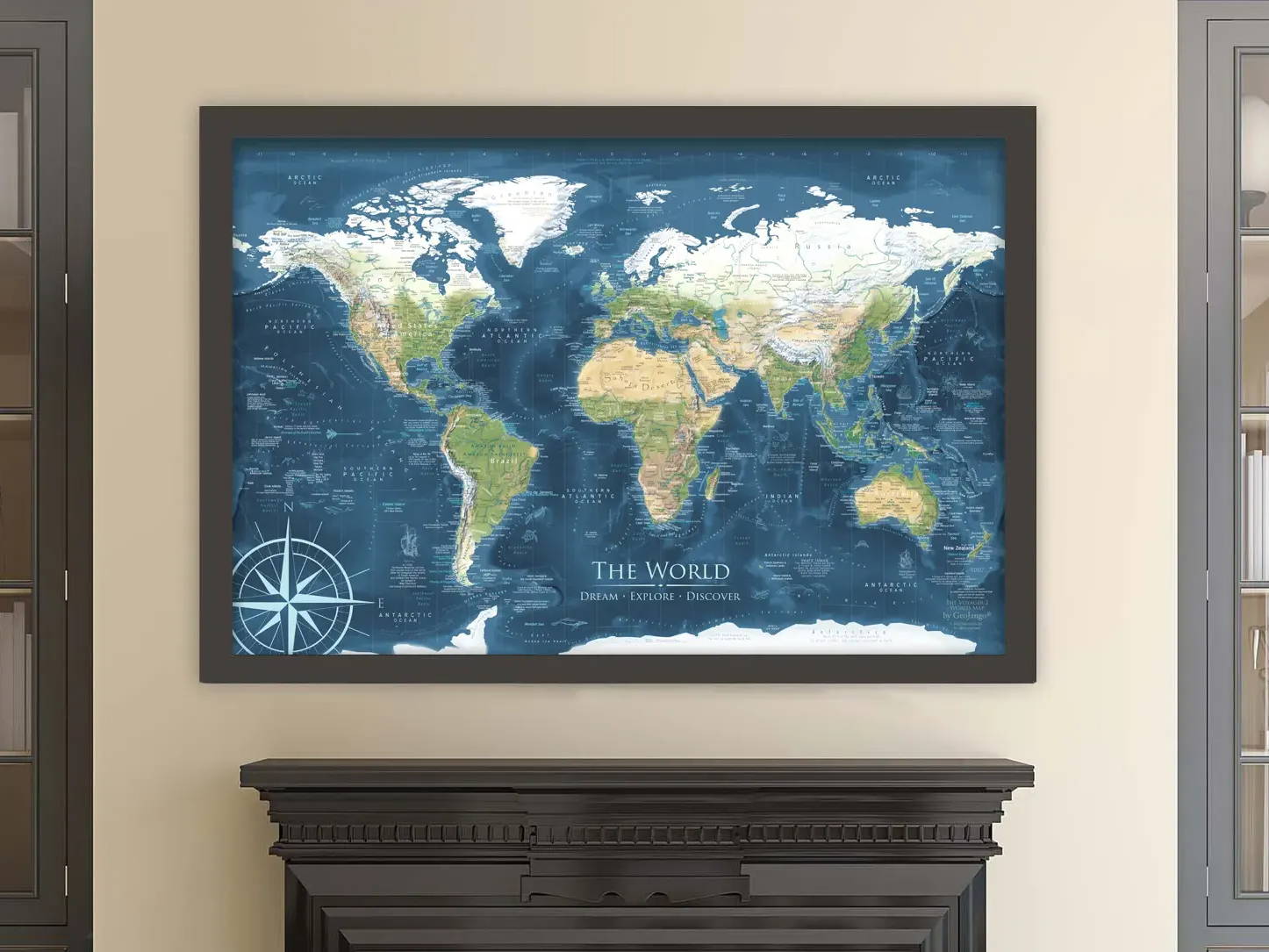 Decorative world map with push pins in a frame