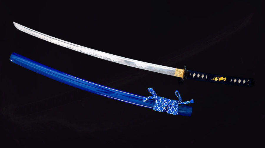 A decorative katana with a blue sheath and intricate designs.