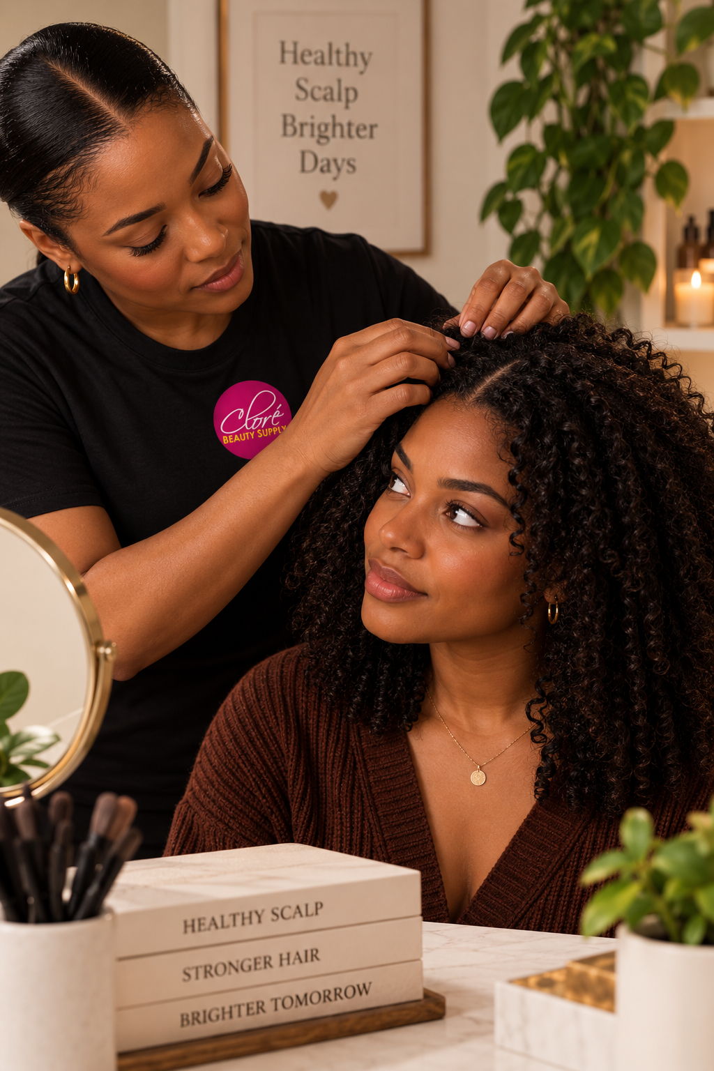 A stylist braiding hair for a client in a cozy salon setting.