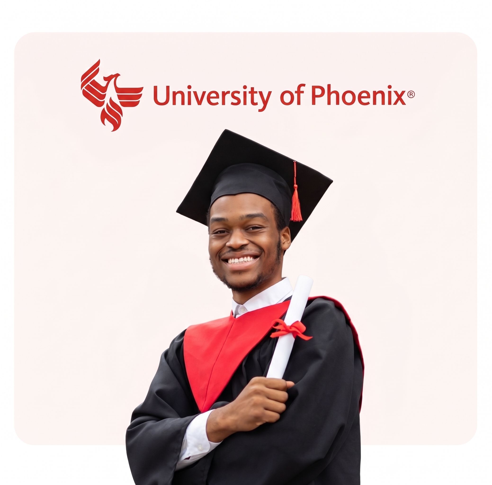 Smiling graduate in cap and gown with University of Phoenix logo.