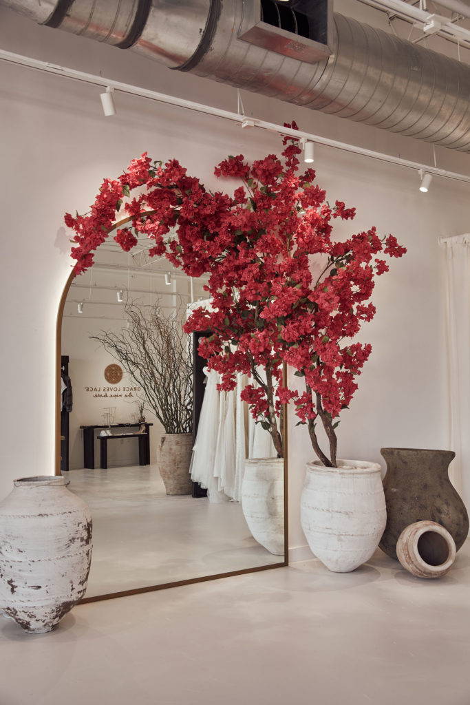 Large clay pot plants with pink bougainvillea and are mirror 