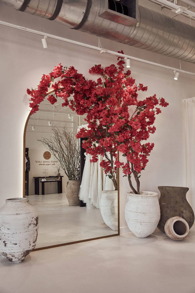 Grandes plantes en pot d'argile avec bougainvilliers roses et sont miroir 