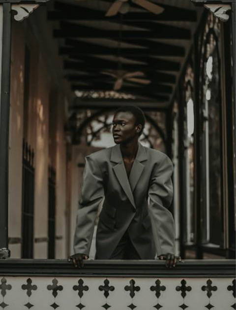 This image shows a model wearing Tibi clothing featured in Blanc Magazine July 2021