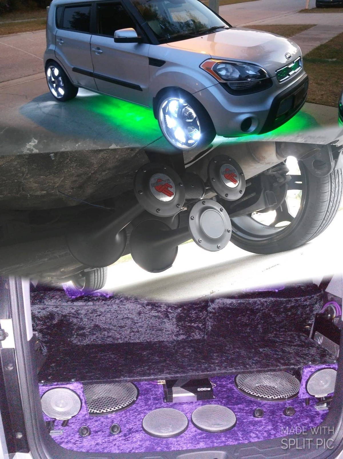 Collage of Curtis's 2012 Kia Soul with Rhino 3 Liter horn kit showing exterior LED wheel lighting, under-vehicle HornBlasters trumpet horns, and custom trunk install HornBlasters featured customer install gallery photo 1