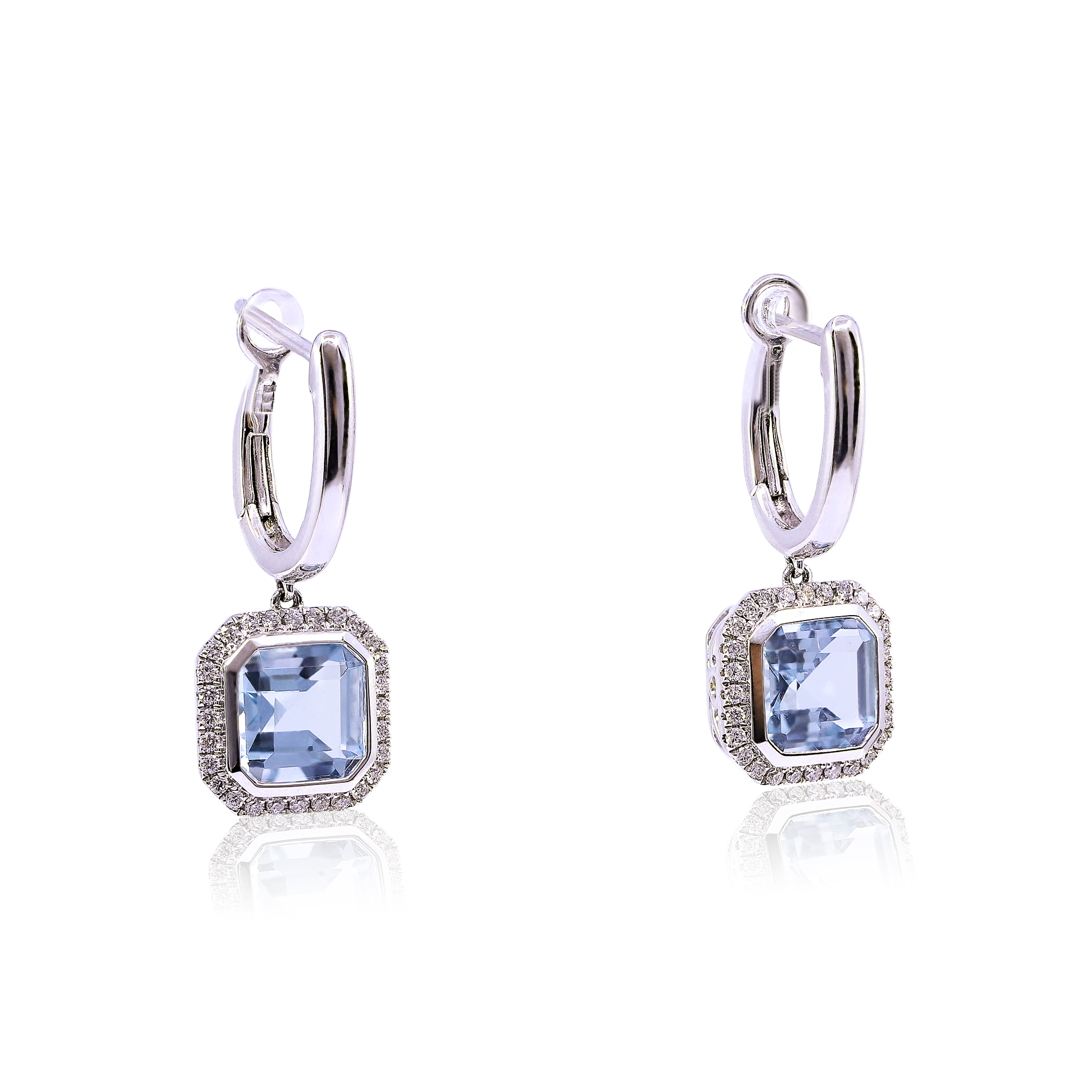 aquamarine and diamond halo dangle earrings