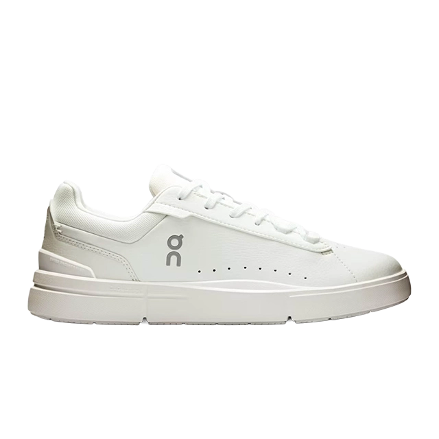 White athletic sneaker with a sleek design and logo.