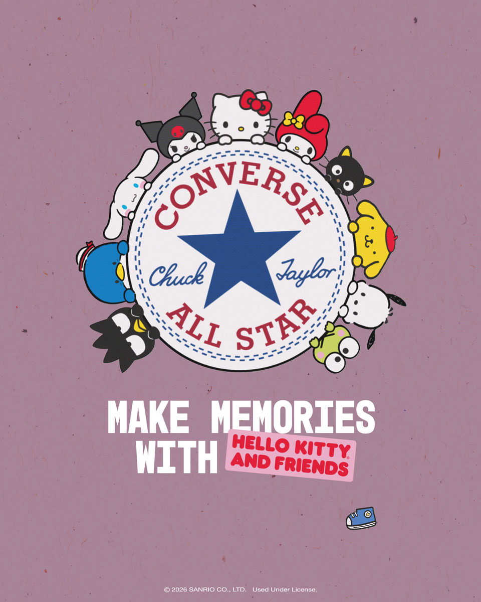 Converse All Star logo surrounded by Hello Kitty and friends characters.