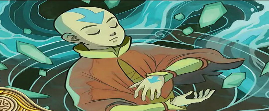 Aang from Avatar: The Last Airbender, meditating with elemental symbols around him.