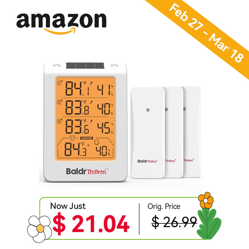 Digital thermometer display with multiple sensors and promotional pricing details.