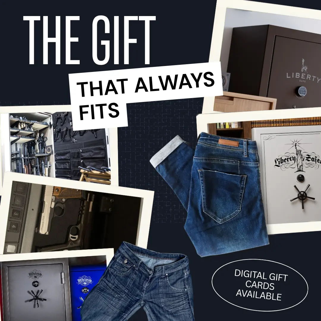 Gift card promotion banner featuring Liberty gun safes, firearms accessories, and jeans with text ‘The Gift That Always Fits’ and digital gift cards available