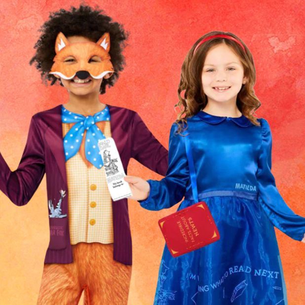 A red and orange background with two Roald Dahl Characters. Fantastic Mr Fox and Matilda. Click to shop the whole collection.