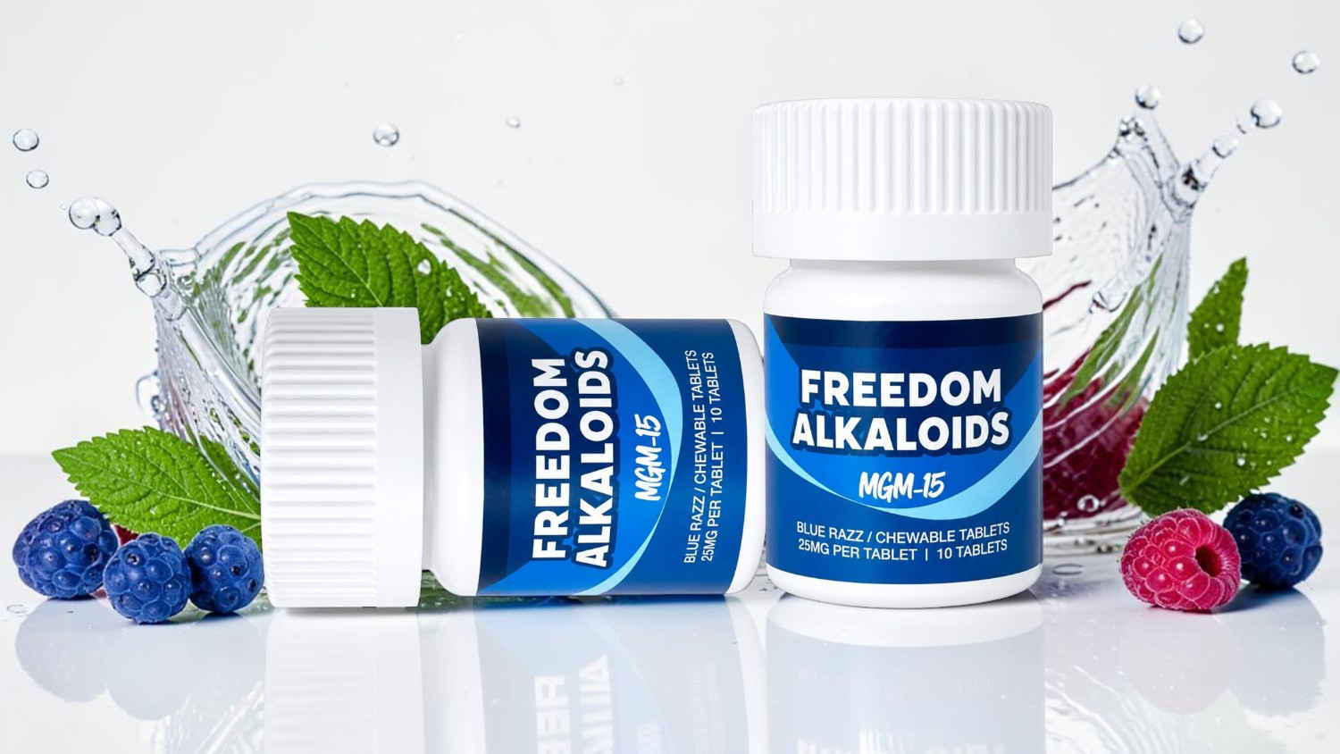 Bottles of Freedom Alkaloids surrounded by raspberries and mint leaves.