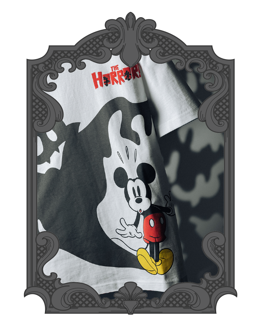 Mickey Mouse graphic t-shirt with horror-themed design elements.