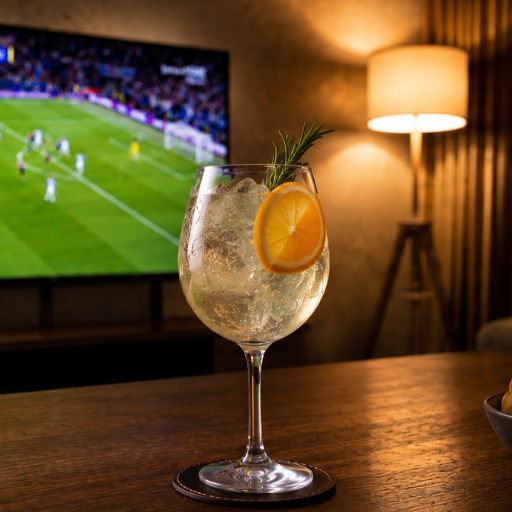 A glass of gin and tonic cocktail with orange slice, TV showing a soccer game in background.