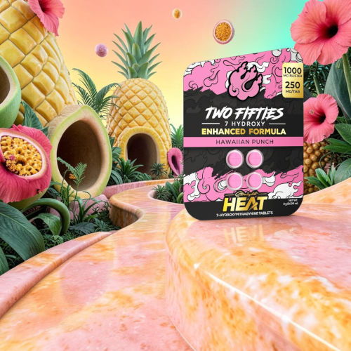 Colorful packaging of a product with tropical background and vibrant visuals.