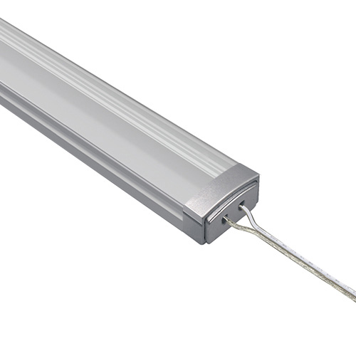 LED light fixture with a silver casing and power cord.