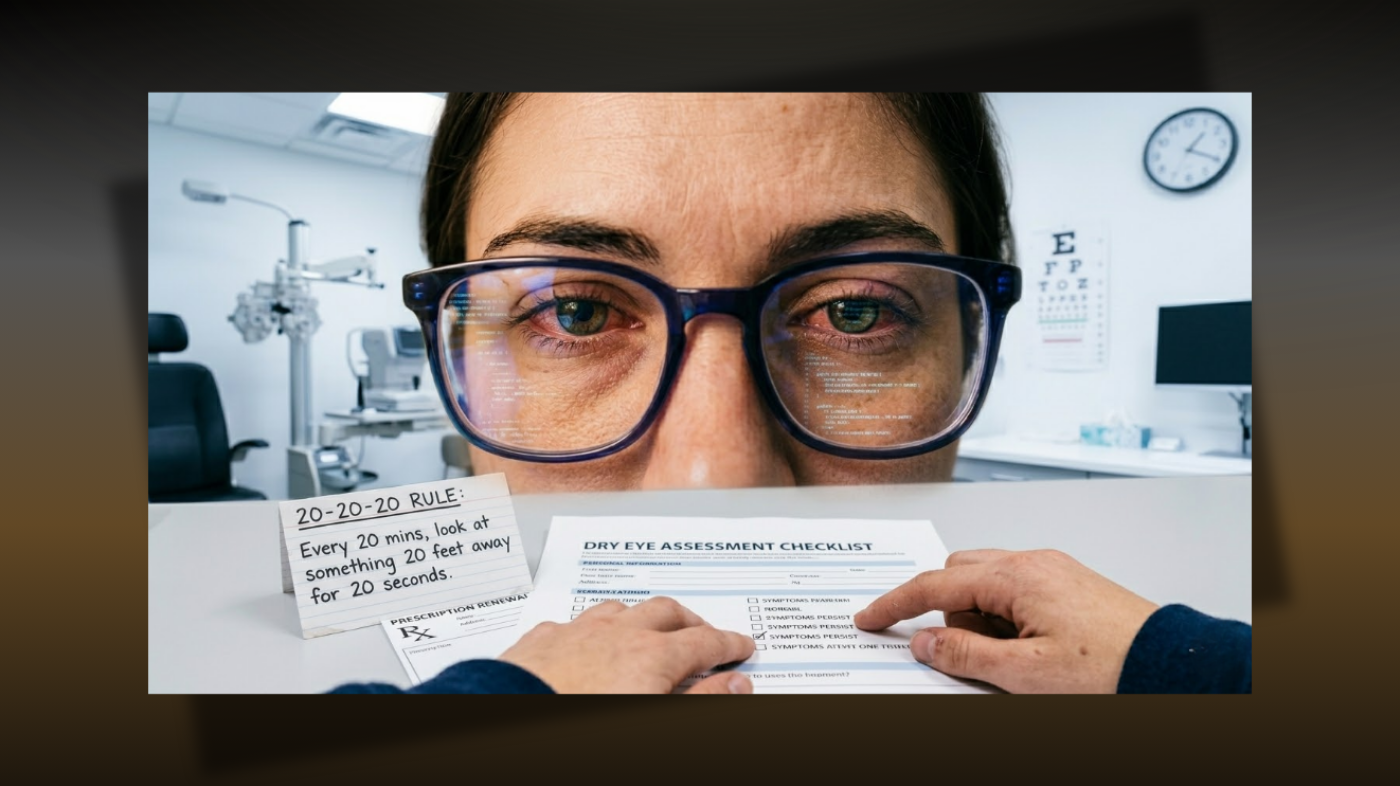 When blue light glasses aren’t enough, highlighting eye strain symptoms that require better lighting, breaks, or an eye exam