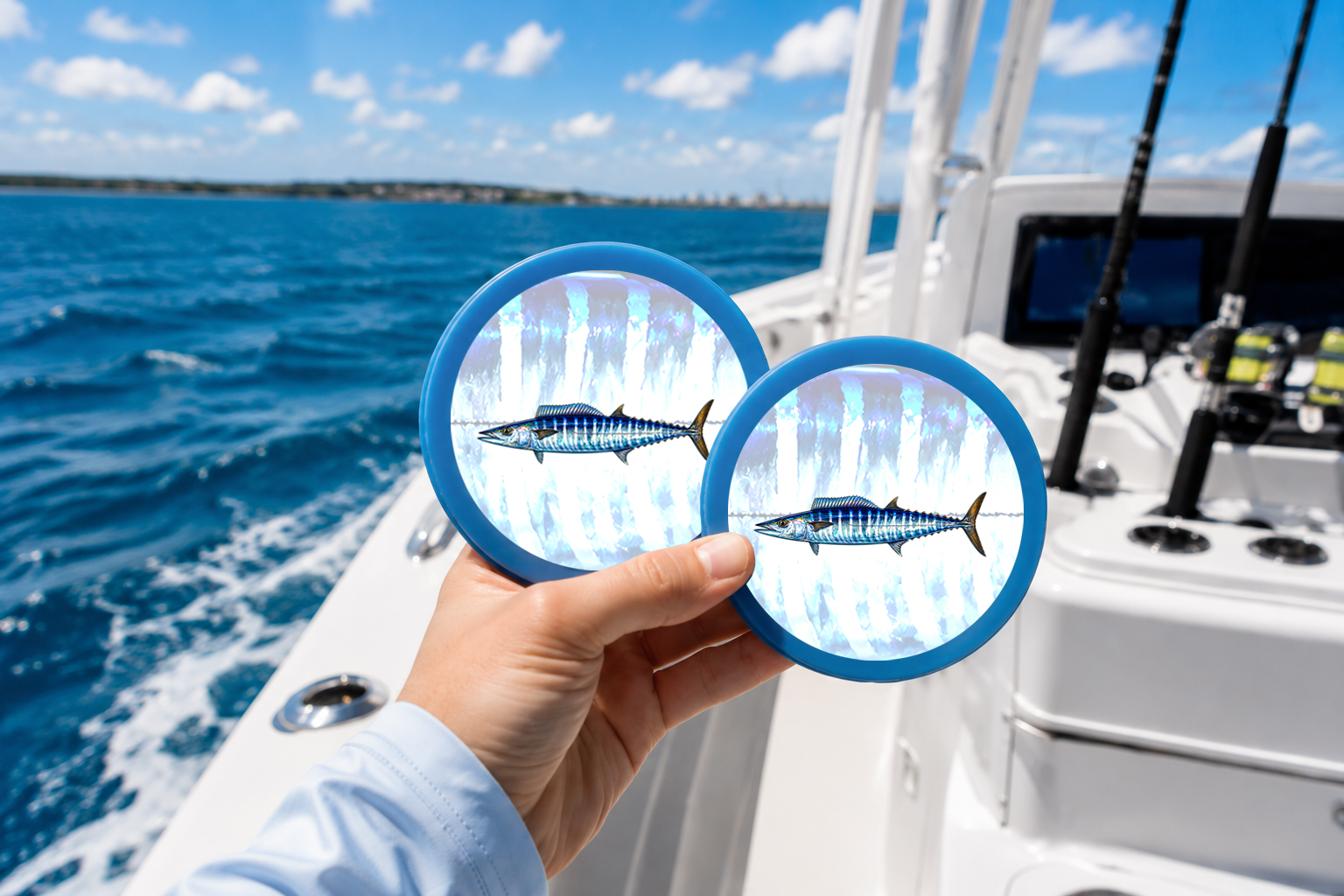 handmade blue resin wahoo fishing coasters displayed on a center console boat with ocean water in the background