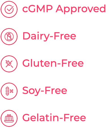 cGMP Approved, Dairy-free, gluten-free, soy-free, gelatin-free