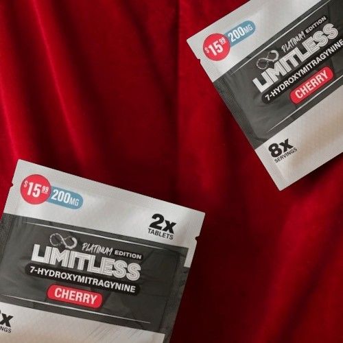 Two packets of Limitless Cherry on a red background.