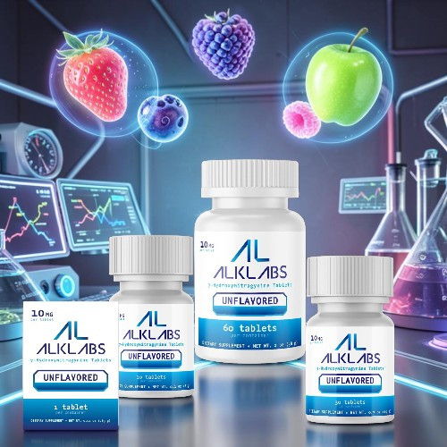 Bottles of supplements with fruits and laboratory equipment in the background.